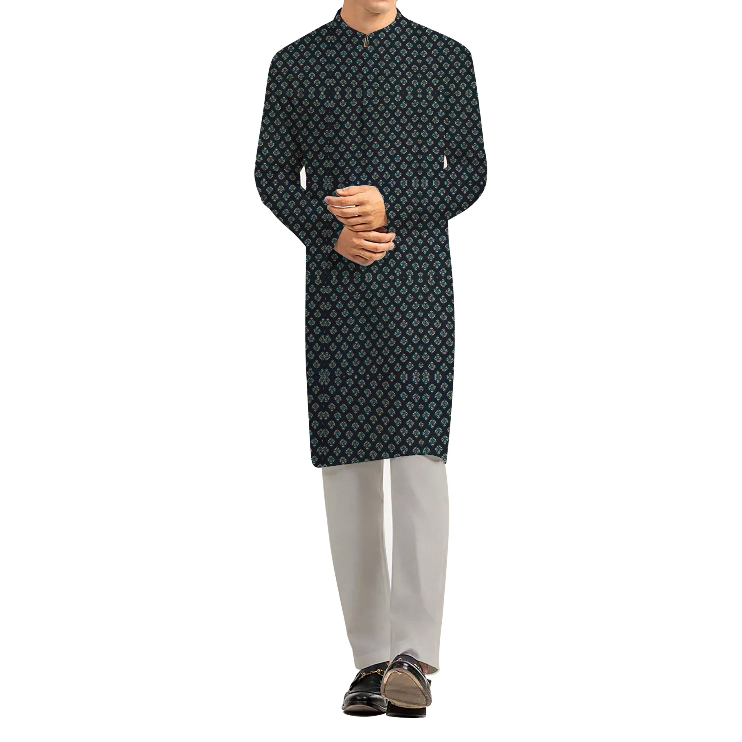 AL AWALI Men's Unstitched Fabric Printed 100% Fancy Jacquard for Kurta & Pyjama Set - 58 inch, Black/Grey