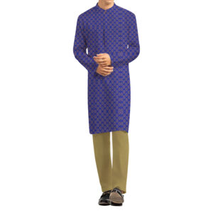 AL AWALI Men's Unstitched Fabric Printed 100% Fancy Jacquard for Kurta & Pyjama Set - 58 inch, Blue/Khaki