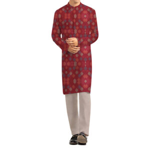 AL AWALI Men's Unstitched Fabric Printed 100% Fancy Jacquard for Kurta & Pyjama Set - 58 inch, Red/Beige
